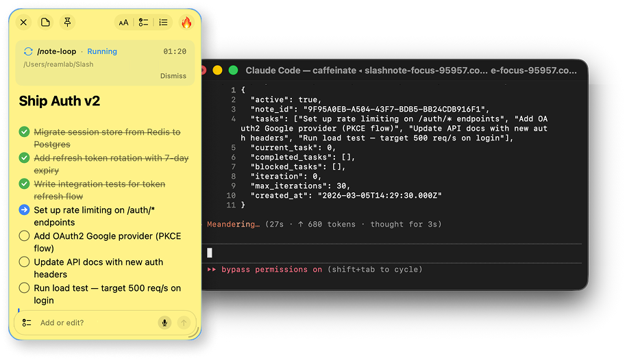 SlashNote automated task loop — pinned note with checkboxes showing progress as tasks execute one by one