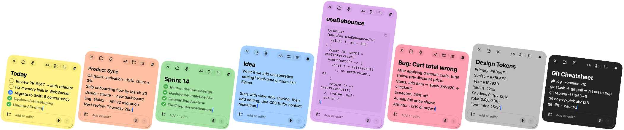 8 SlashNote sticky notes in all colors — yellow, peach, green, blue, purple, pink, plus light and dark themes — showing todo lists, meeting notes, code snippets, bug reports and more