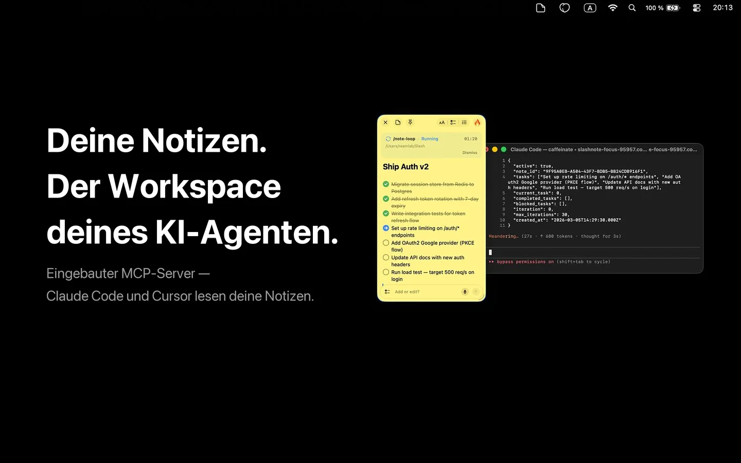 SlashNote für Entwickler — Claude-Code-Terminal liest und aktualisiert eine angeheftete Notiz mit Aufgaben-Checkliste „Ship Auth v2".