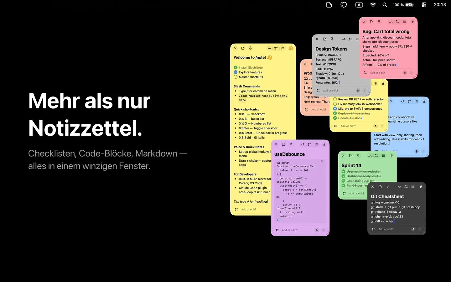 SlashNote-Hauptfunktion: Sprachnotizen 100% lokal — Aufnahme über Tastenkürzel, Whisper-Transkription auf dem Gerät, fertige Notiz.
