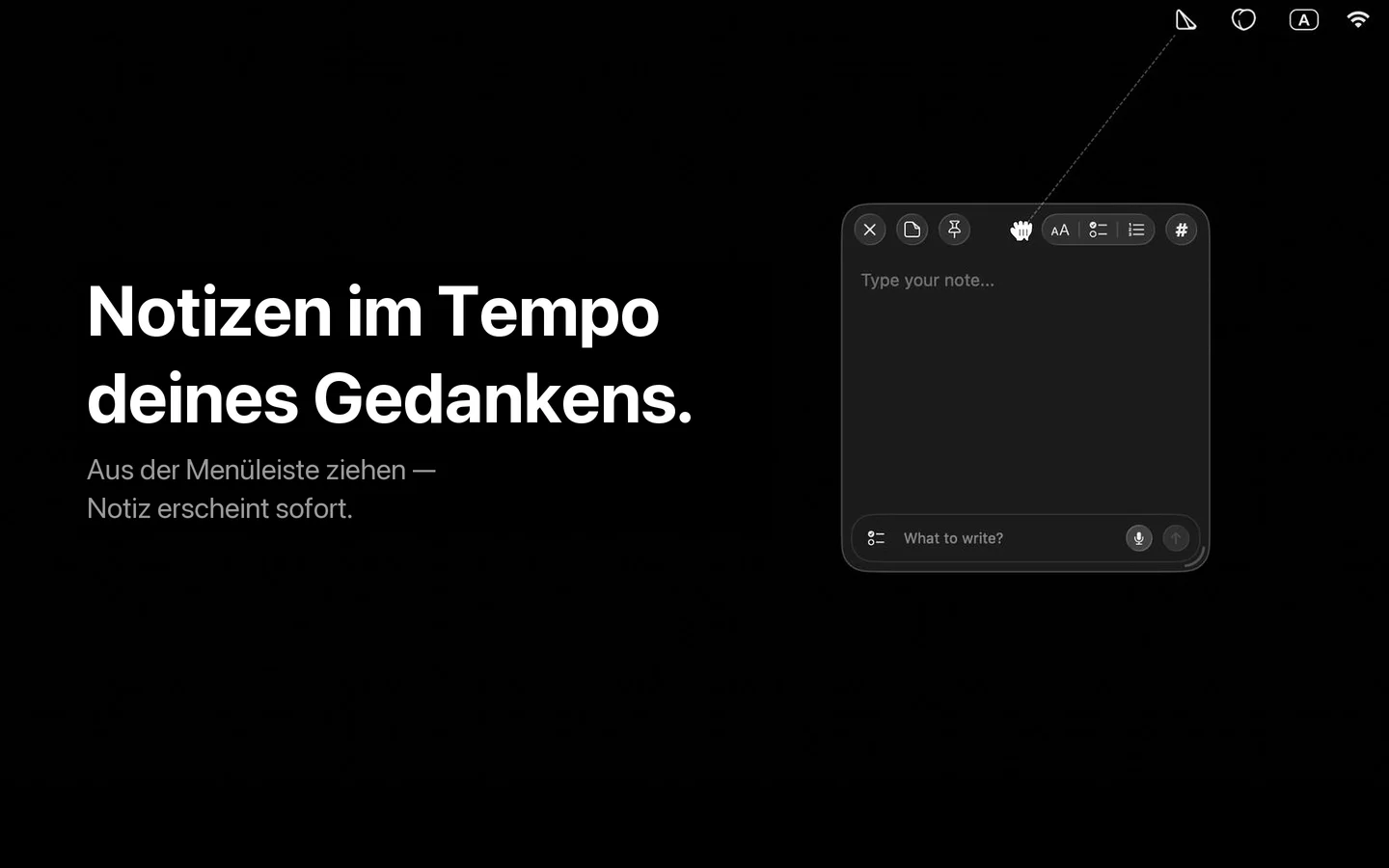 SlashNote-Notizzettel erscheint aus der Mac-Menüleiste — leerer Sticker bereit zum Tippen, direkt unter dem Menüleisten-Symbol.