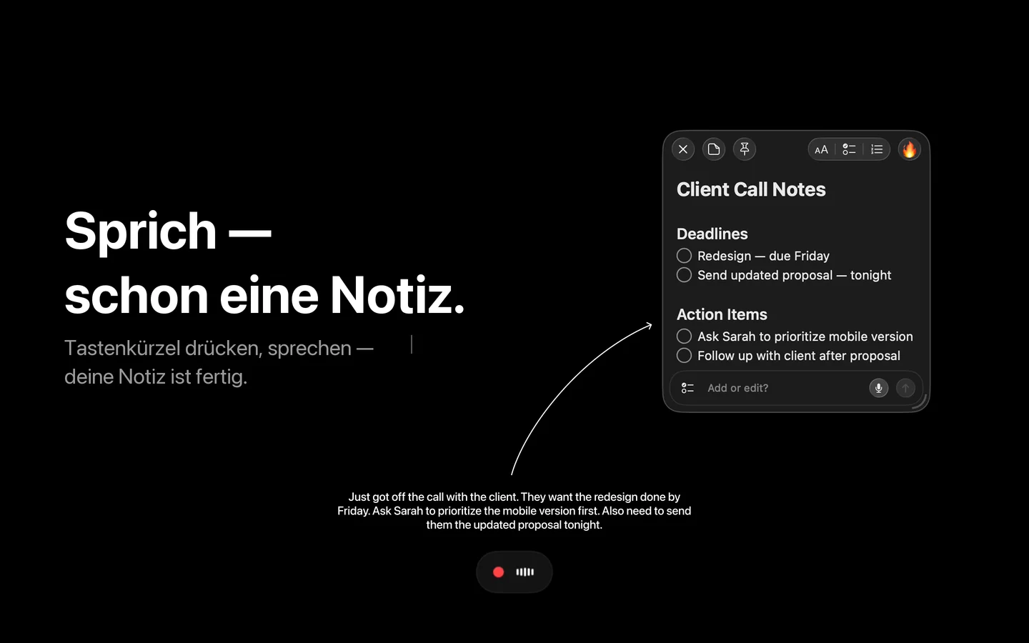 SlashNote-Sprachnotiz auf dem Mac — strukturierte Notiz „Client Call Notes" mit Action Items, erstellt aus einer Sprachaufnahme.
