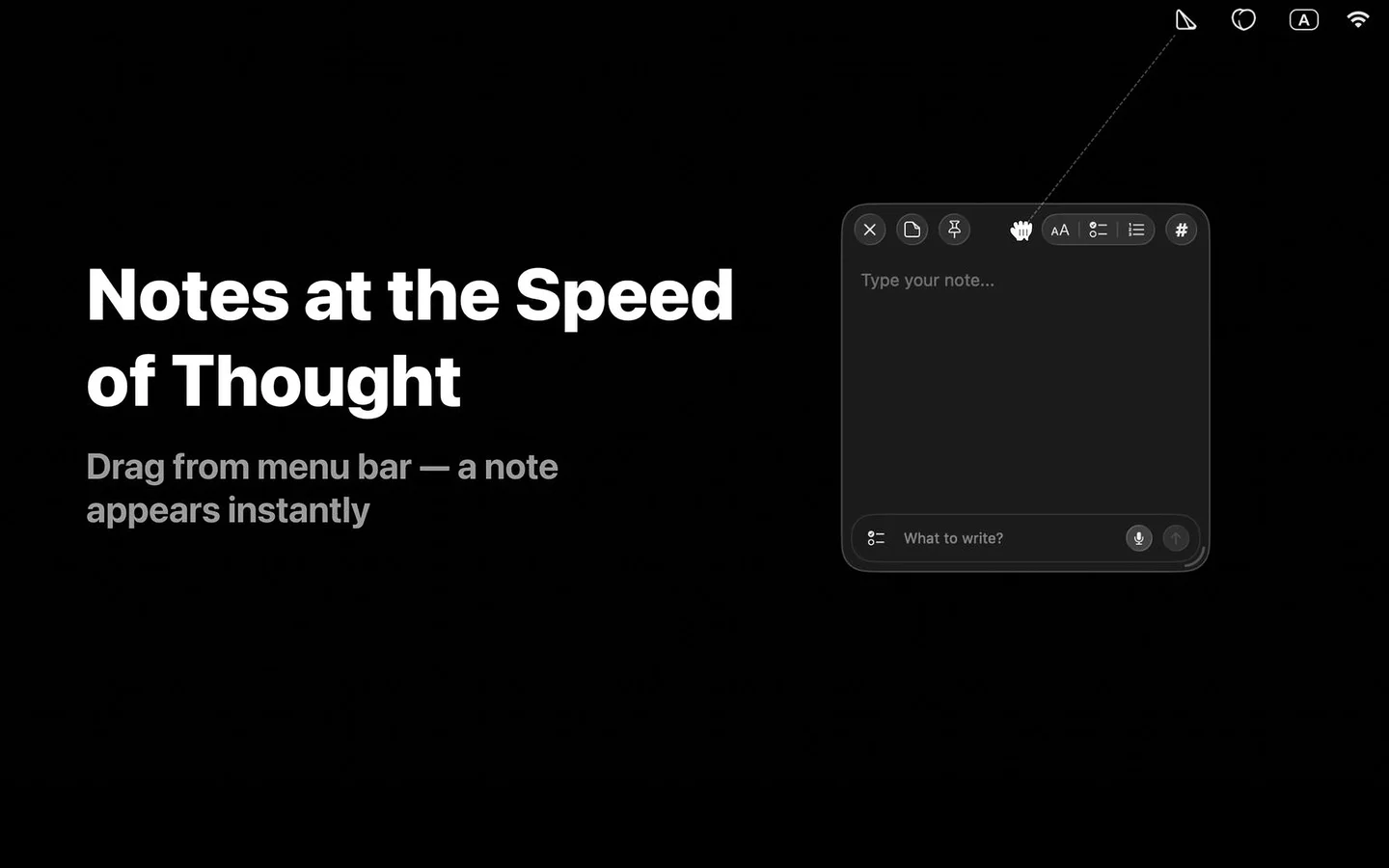 Drag a sticky note from the SlashNote menu bar icon — an empty yellow note appears instantly under the cursor with a peel animation