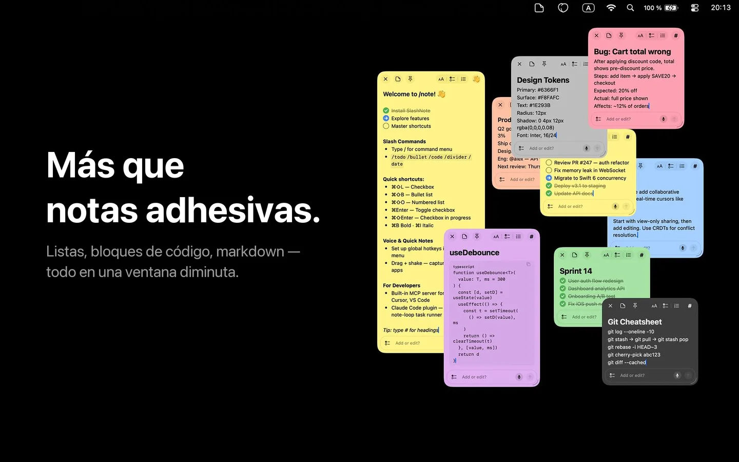 Nueve notas adhesivas de SlashNote en distintos colores y temas — amarillo, melocotón, verde, azul, morado y rosa — con listas de tareas, código, bug reports, design tokens, plan de sprint y git cheatsheet