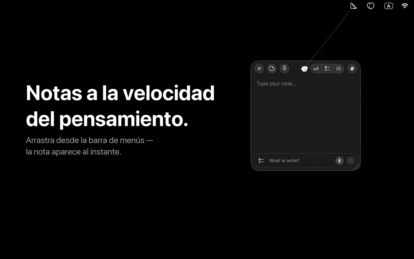 Arrastrando un sticker desde la barra de menús de SlashNote — una nota adhesiva amarilla vacía aparece al instante bajo el cursor con un efecto de despegue