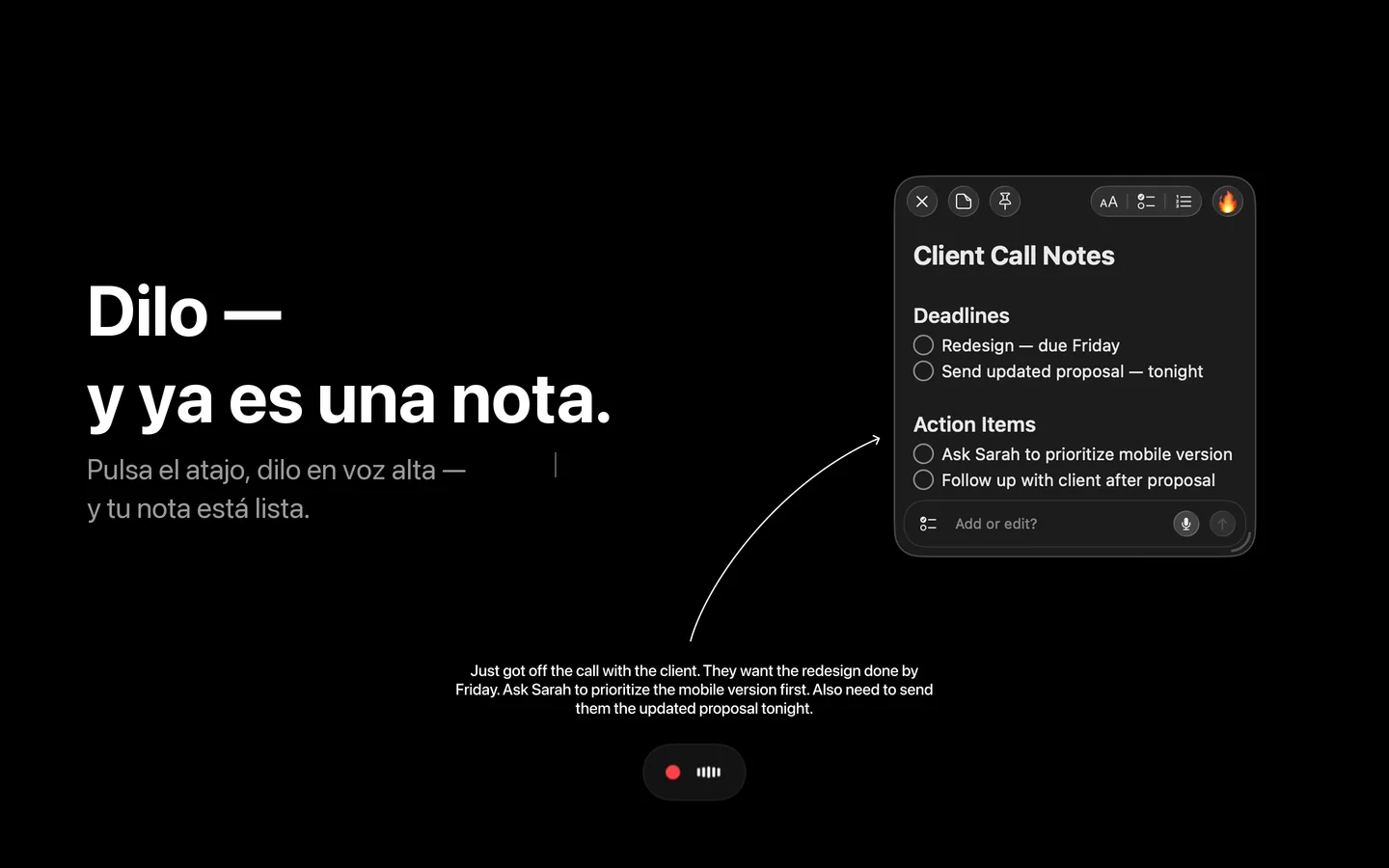 Dictado por voz en SlashNote para Mac — la grabadora capta tu voz, Whisper la transcribe localmente y el texto se convierte en una nota «Client Call Notes» con tareas y plazos