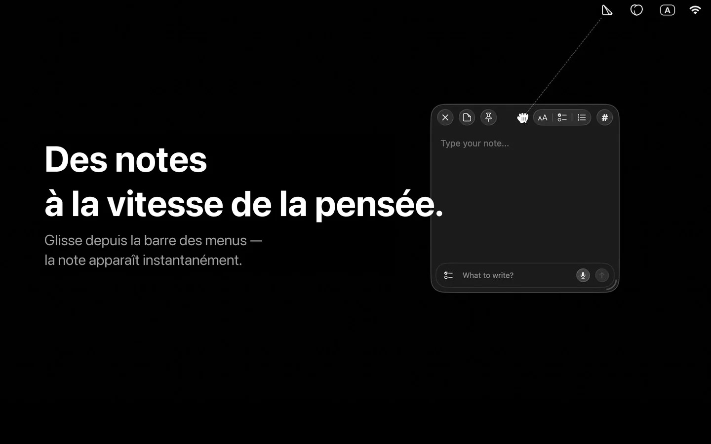 Glisser une note adhésive depuis l'icône de la barre des menus SlashNote — une note jaune vide apparaît instantanément sous le curseur avec une animation de décollage
