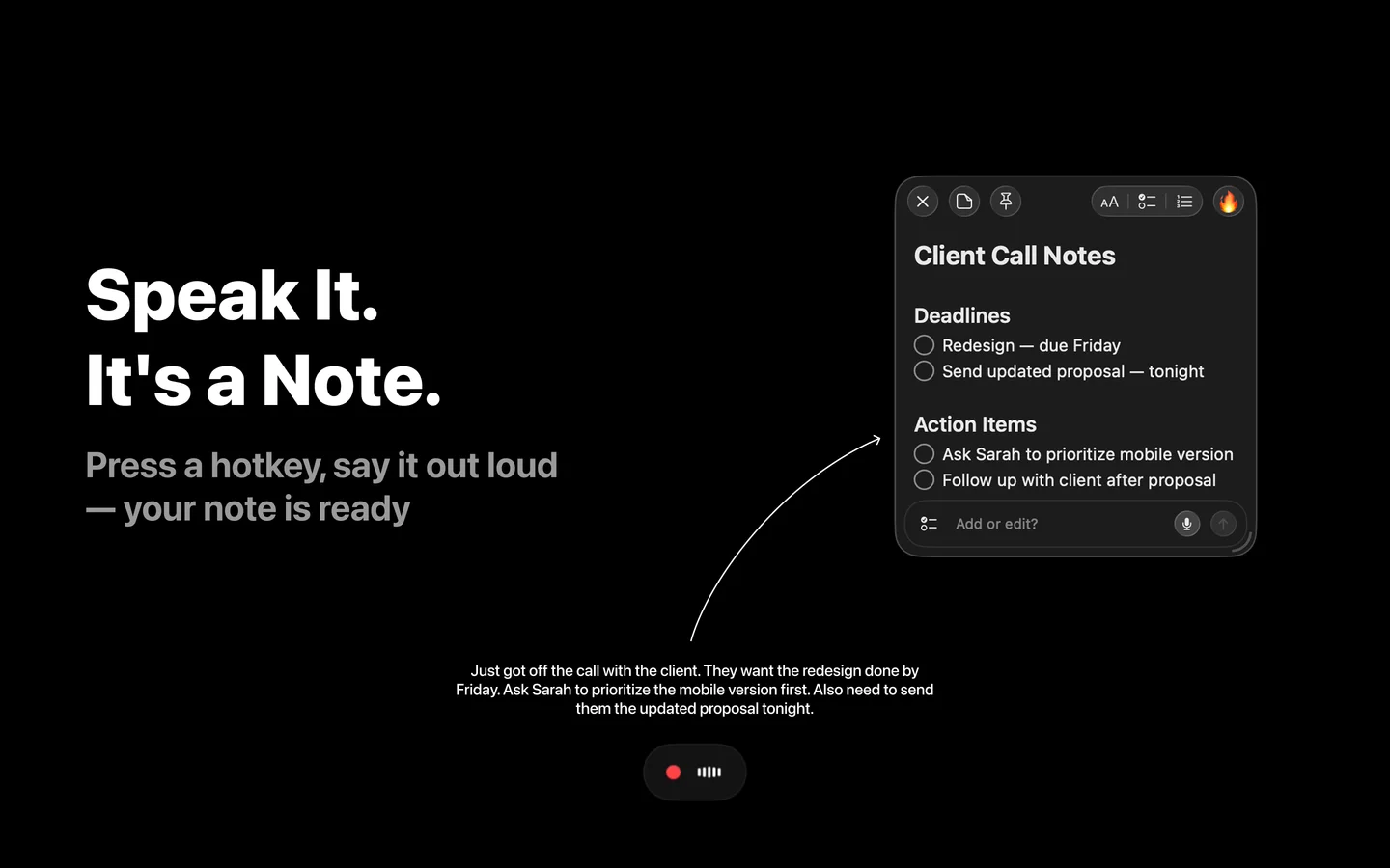 SlashNote voice-to-note flow on Mac — recorder captures audio, Whisper transcribes locally, and the transcript becomes a structured Client Call Notes sticky with deadlines and action items
